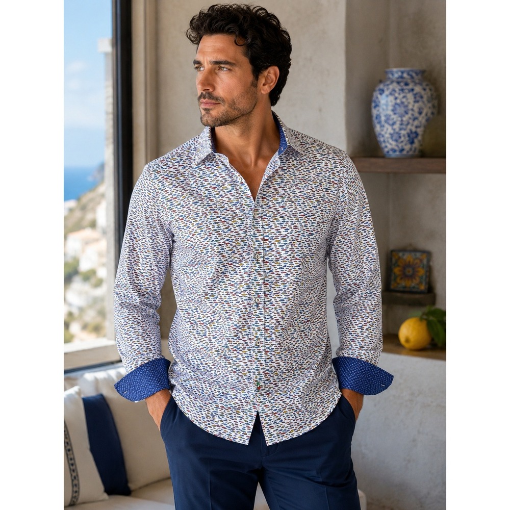 Umberto Carro Positano Fish Print Button Front Shirt Italy 18.5 46 Cotton